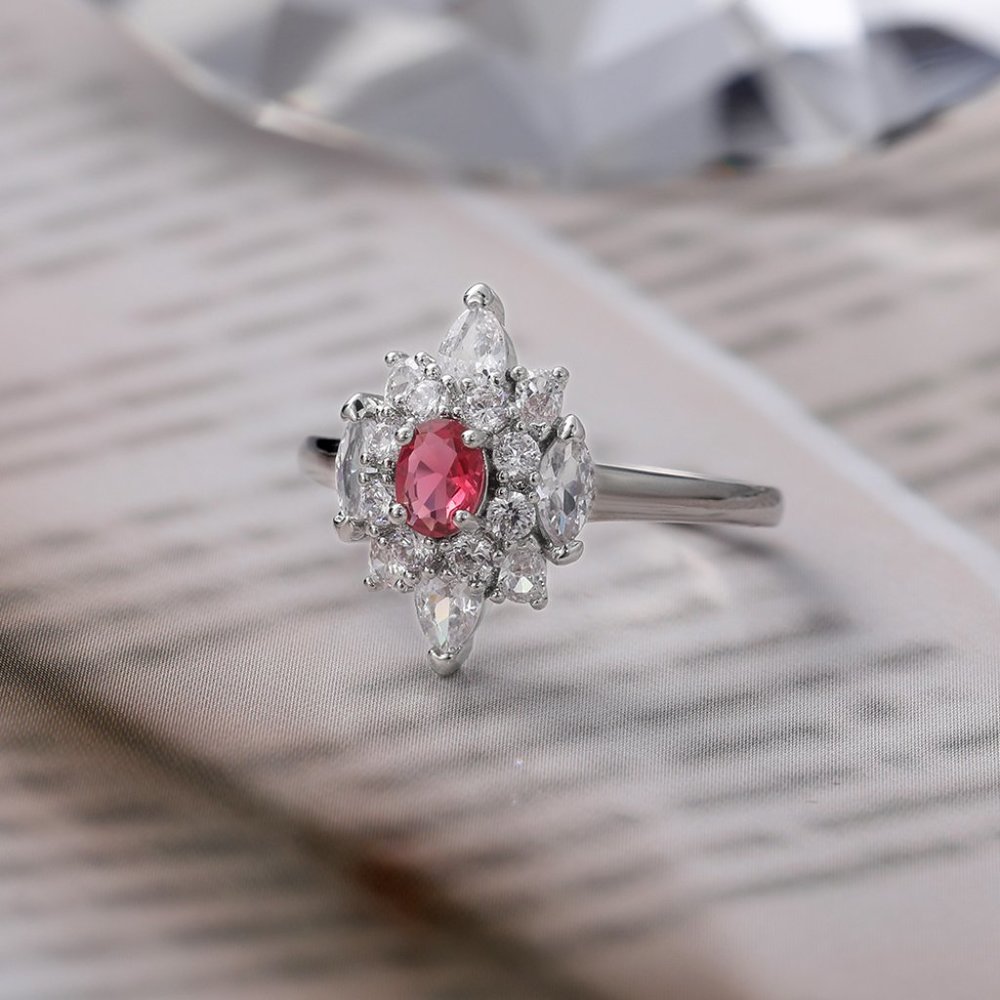 💍LUXURY RUBY OLD MINE DIAMOND NOBLE SILVER SHINY FLOWER DAINTY RING, K920 - Picture 5 of 9